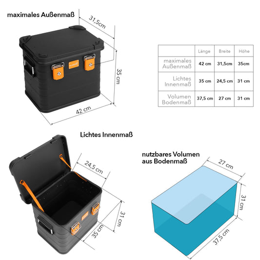 Aluminum box lockable E31B - Premium aluminum storage box 31 liters - lid with aluminum die-cast stacking corners and rubber seal - including locks - black lacquered