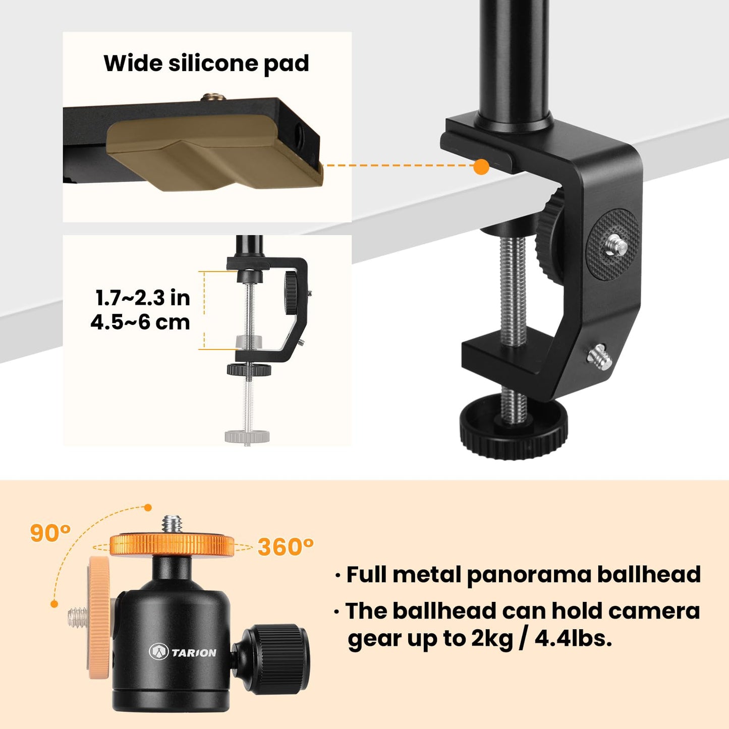 TARION C-Clamp Support Clamp Desk Mount for Camera With Ball Head and Adjustable Extension Rod 33-60cm for Vlogging Live Stream Photo Studio Light Photography Filming (TR-CS)