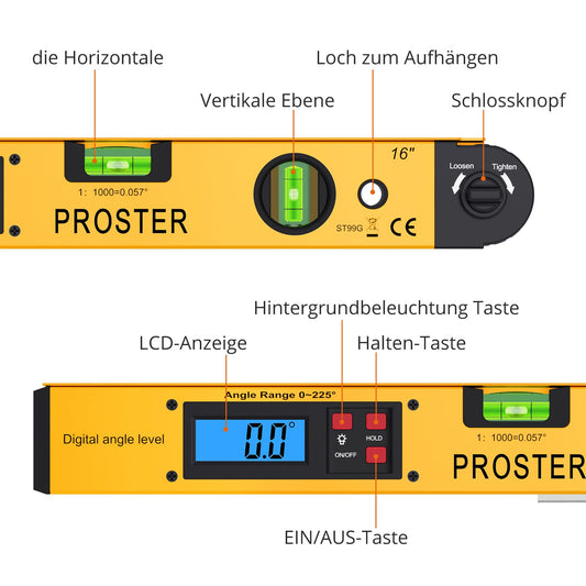 Angle Finder 0-225° Digital Angle Gauge 400mm/16 Inch Angle Ruler with Battery and LCD Backlight Horizontal & Vertical Spirit Level Angle Measurement Detector for Construction Technology