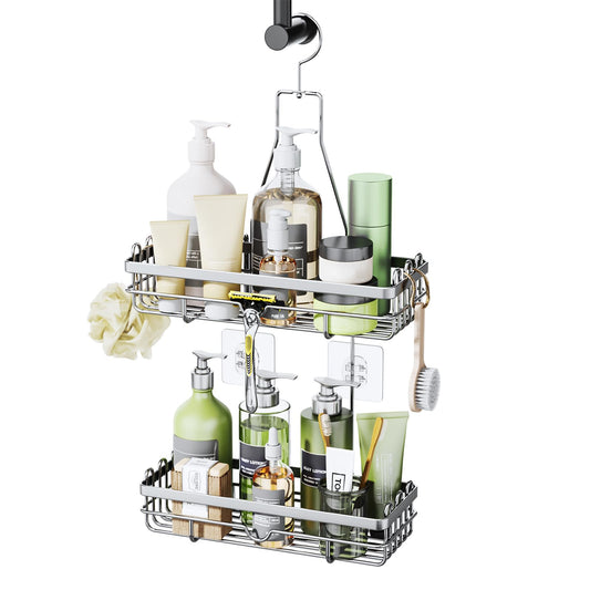 HapiRm hanging shower caddy with multiple hooks - high-quality stainless steel hanging shower shelf without drilling, silver color.