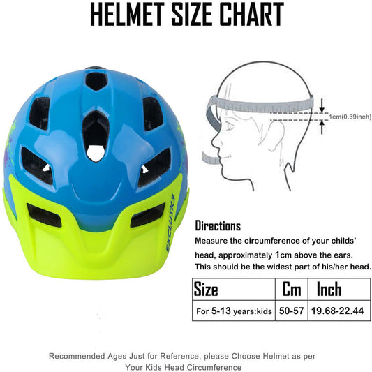 Exclusky kids bike helmet for boys and girls, suitable for BMX, skating, adjustable for ages 5-13, head circumference 50-57CM.