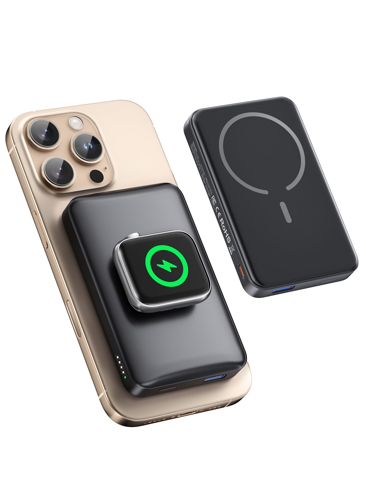 NEWDERY Magsafe Powerbank for iPhone for Apple Watch, 10000mAh Wireless Power Bank with Cable, Fast Charging External Portable Battery for iPhone 16/15/14/13/12, for iWatch Ultra/9-1
