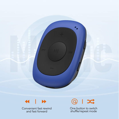 AGPTEK Mini Clip 8GB MP3 player with earhook headphones and silicone case, lightweight sports music player with 5 buttons and 2 function switches, (packaging MULTIPLE USE) Blue.