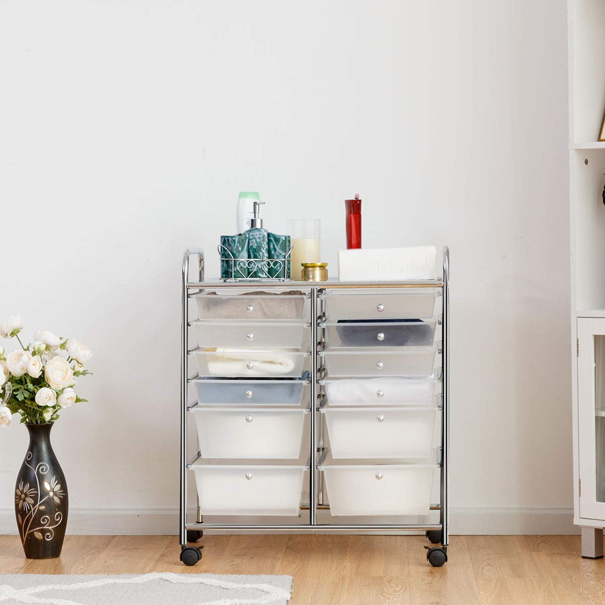 COSTWAY rolling cart with 12 stackable drawers, drawer cart with metal frame and shelf, bathroom cart storage cart for office, living room (Transparent)