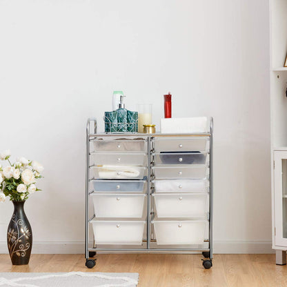 COSTWAY rolling cart with 12 stackable drawers, drawer cart with metal frame and shelf, bathroom cart storage cart for office, living room (Transparent)