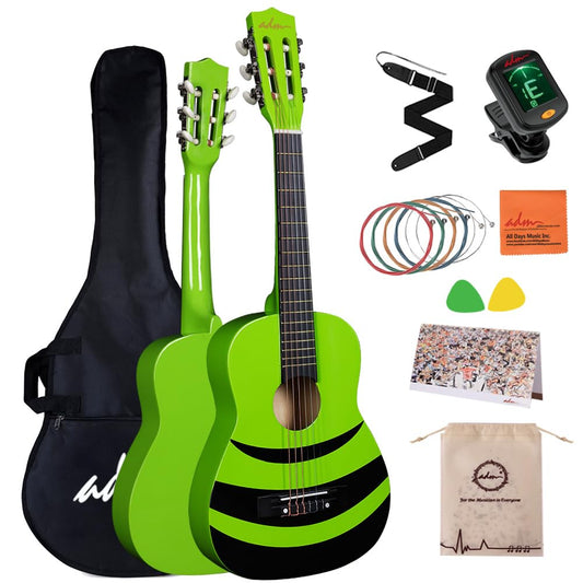 ADM 1/4 Children's Guitar Junior Classical Guitar for Beginners with Tuner, Bag, Strap, Extra Strings, and Picks, Green Honeybee
