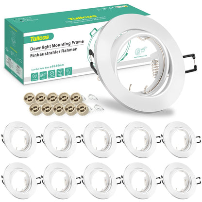 10x recessed spotlight GU10 set with white mounting frame for 230V spots, including GU10 socket, LED with 68mm hole diameter round, 30° tiltable integrated spotlight frame for LED or halogen bulbs.