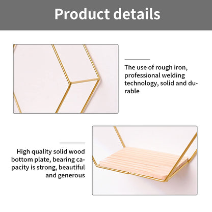 Hexagon wall shelf metal 3 piece set, gold decorative hanging shelf loft wall shelves, wall shelf for wall decor in living room, bedroom, bathroom, café, and hotel
