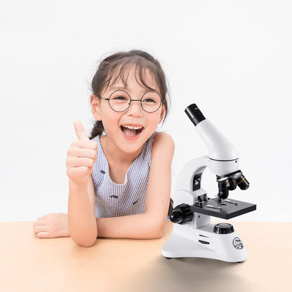 2000X optical microscope, metal body, 2 WF eyepieces, dual illuminator system, EU plug, complete accessories for kids, students, beginners.