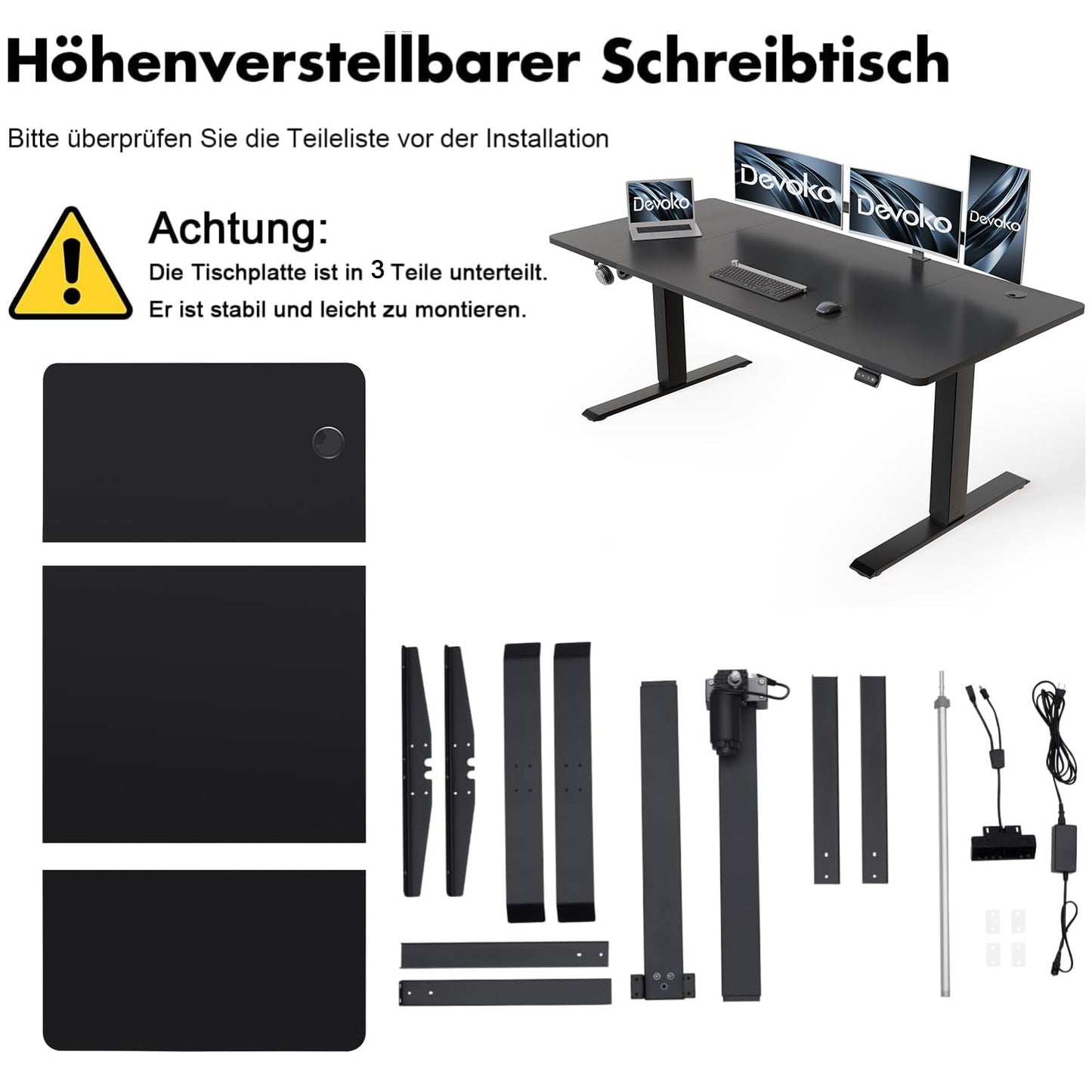 Devoko height-adjustable desk 160 x 70 cm with cable tray, electrically height-adjustable stable standing desk, computer desk 2-function memory, ergonomic standing-sitting desk (black)