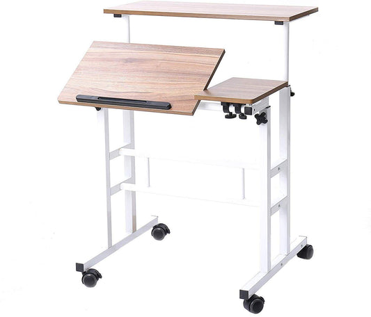 Sogesfurniture adjustable height computer desk laptop table with wheels, mobile desk PC table notebook table laptop stand for home and office, oak