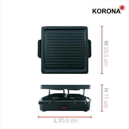 Corona 45081 Raclette for 4 people, small and square. Non-stick grill plate with 4 pans and 4 wooden spatulas. 600 watts.