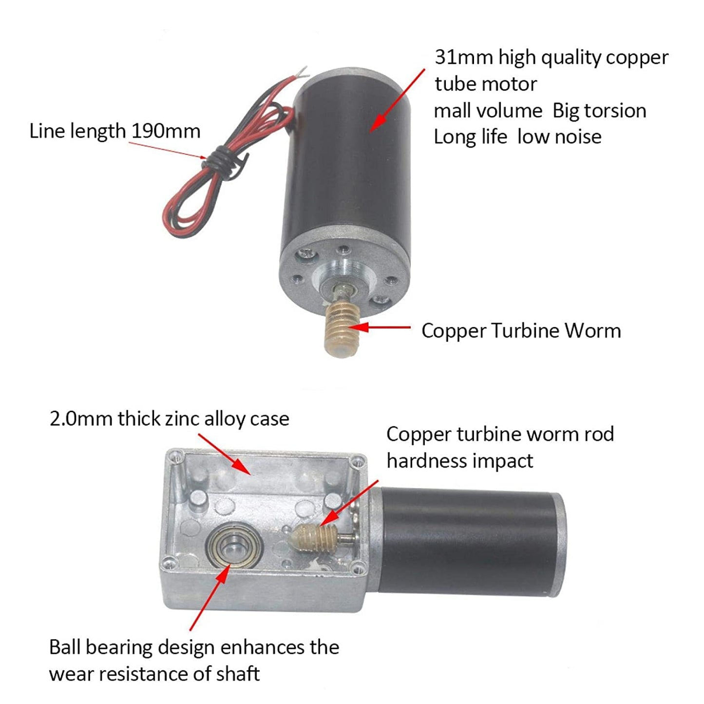 12V 20RPM DC worm gear motor 67kg.cm 31mm High torque Self-locking motor Reversed Mini Turbine Gearmotor for DIY robots Rotary table Door lock Curtain Machine