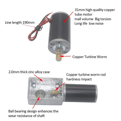 12V 20RPM DC worm gear motor 67kg.cm 31mm High torque Self-locking motor Reversed Mini Turbine Gearmotor for DIY robots Rotary table Door lock Curtain Machine