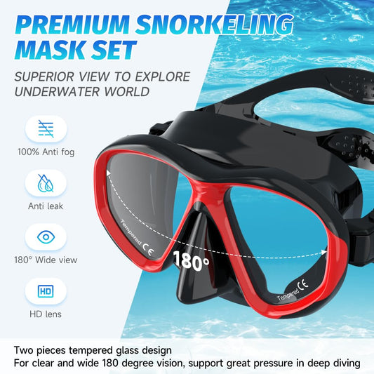 Findway adult snorkel set, snorkel set with diving mask and snorkel, anti-leak & anti-fog & anti-UV tempered glass diving mask for diving, snorkeling, and swimming, for women and men.