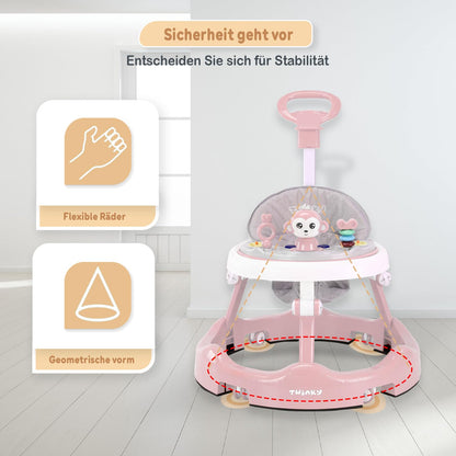Twinky® Baby Walker with Playset & Floor Mat - Sturdy 4-way adjustable preschool walking aid - Perfect as a support for your little one's first steps (Pink)