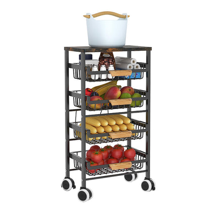 Treesunshine rolling utility cart, kitchen cart with countertop, serving cart with extendable basket made of iron-carbon alloy, wooden kitchen cart, kitchen cart with ample storage, 5-tier utility cart
