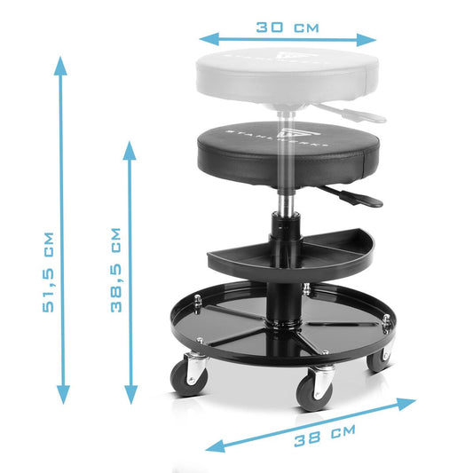 Steel factory workshop stool WRH-295 ST with 130 kg load capacity, height-adjustable workshop seat | Workshop chair | Rolling stool | Work stool | Swivel stool with smooth-running castors and storage trays.