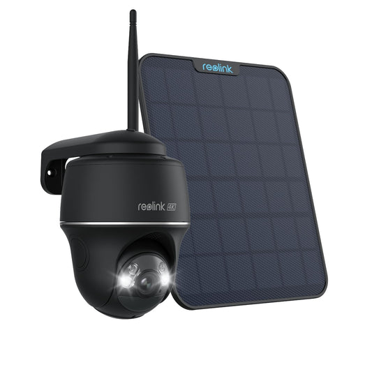 Reolink 4K outdoor surveillance camera with solar panel, 360°/140° pan/tilt, spotlight, color night vision, 2.4/5GHz WiFi, AI detection, Argus PT Ultra (Black) + solar panel.