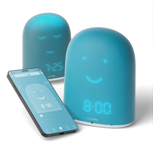 UrbanHello Remi - The Best Alarm Clock for Kids to help them sleep more - Audio Baby Monitor - Sleep monitoring - Nightlight - Speaker music - Blue