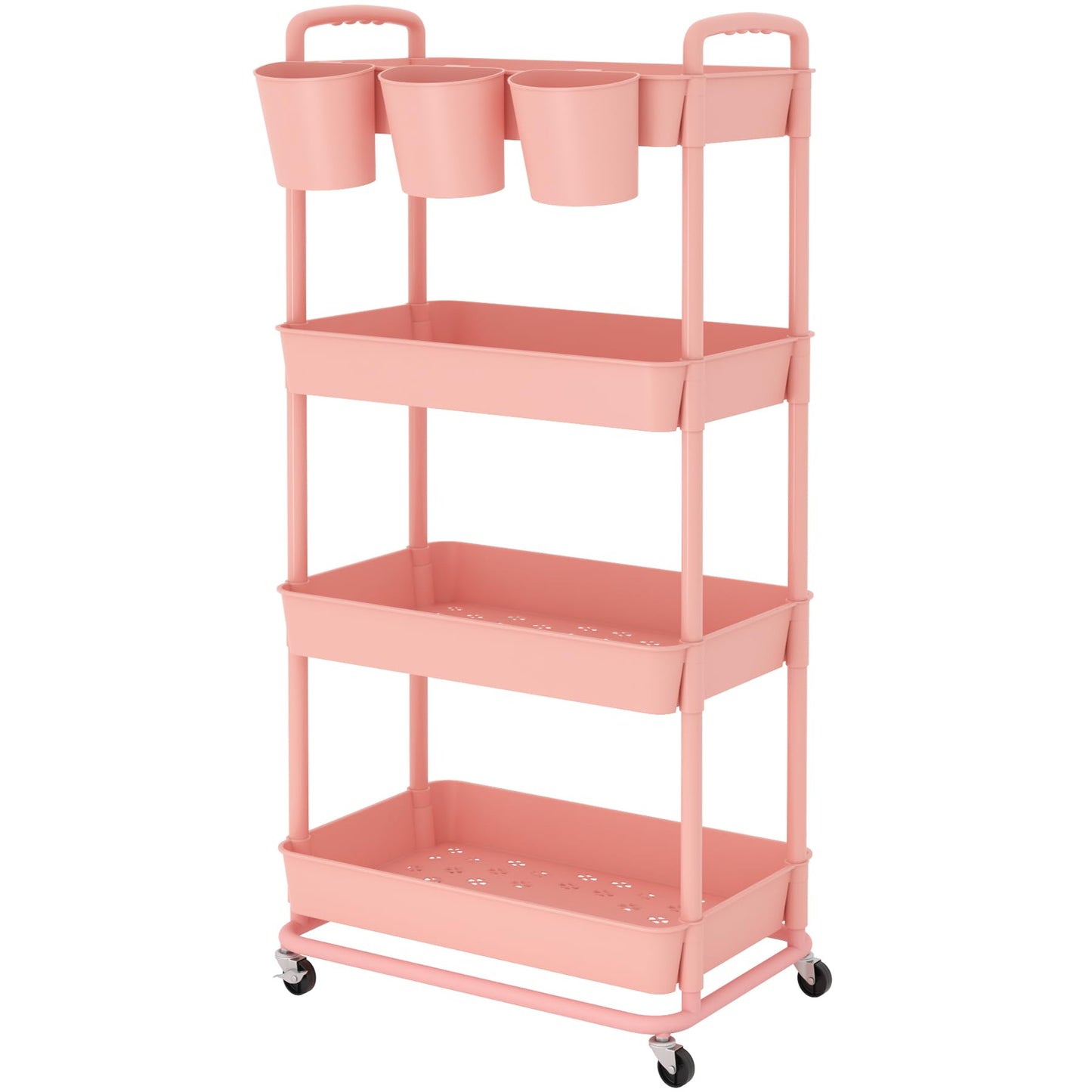 JIUYOTREE 4-tier plastic rolling cart with additional hanging handles, locking wheels for living room, bathroom, kitchen, office, Pink.