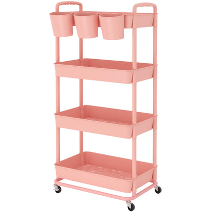 JIUYOTREE 4-tier plastic rolling cart with additional hanging handles, locking wheels for living room, bathroom, kitchen, office, Pink.