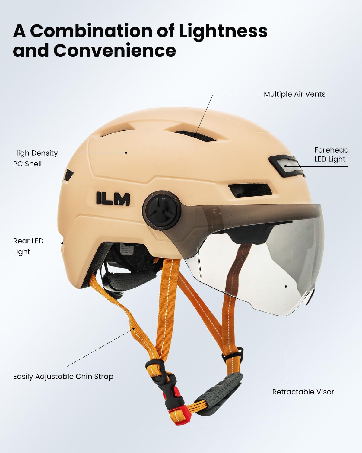 ILM bicycle helmet with visor and LED light Mountain&Road helmets for women and men Helmet for commuting in the city E3-10L, Orange Pink, XS