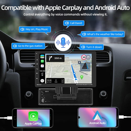 Podofo 1Din car stereo with Carplay & Android Auto, 9-inch Bluetooth single Din Android radio with iPhone Android Mirror Link/SWC/FM radio/AUX/colorful light + rear view camera