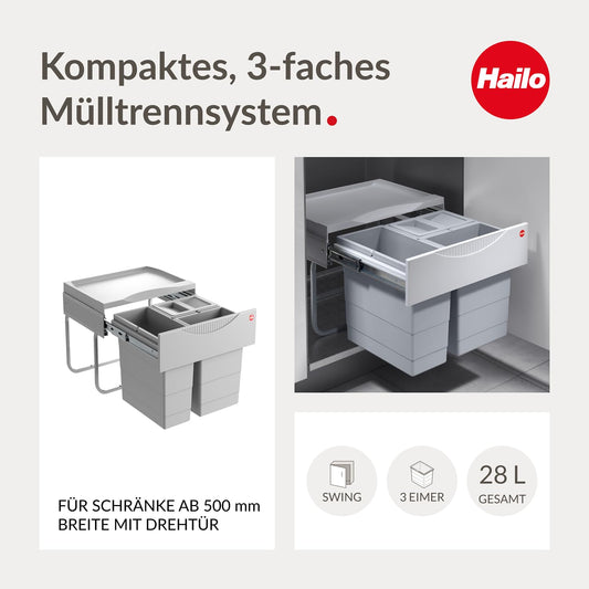 Hailo Space-saving Tandem 3644731 built-in waste separator with 3 compartments - kitchen trash can for installation in the base cabinet - 12 and 2x 8 L - waste bin with full extension for revolving door cabinets from 50 cm - Light grey