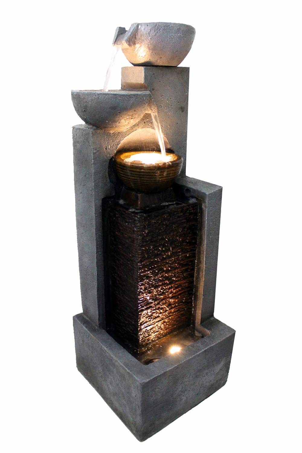Arnusa Large Garden Fountain with LED Lighting, Cascade Water Feature, Garden Decoration, Black, Gray