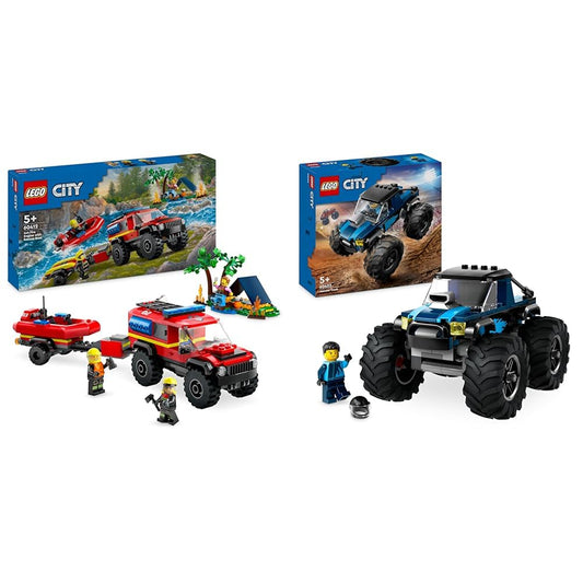 LEGO City Fire SUV with rescue boat, Off-road car toy & City Blue Monster Truck, Off-road car toy, vehicle set.