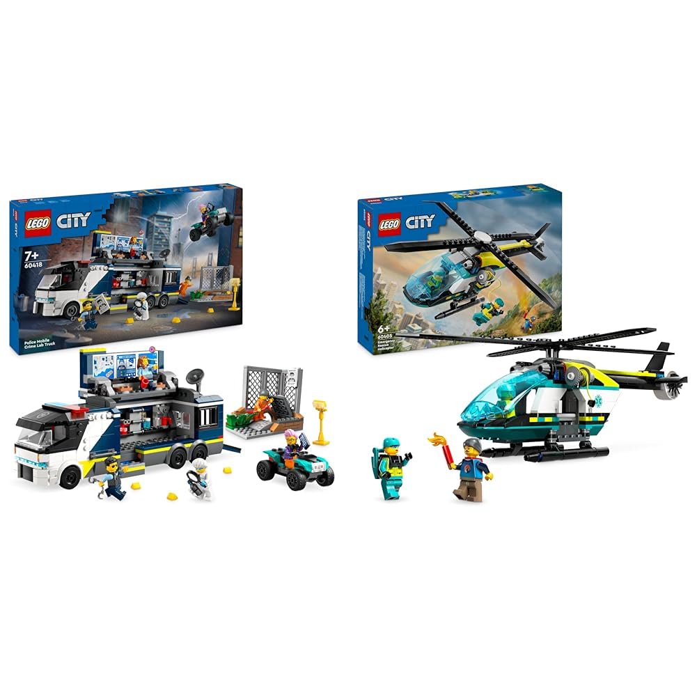 LEGO City Police Truck with Lab, Police Set with Quad and Truck Toy for Kids & City Rescue Helicopter, Helicopter Toy for Kids