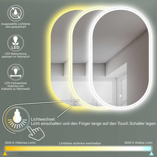 HOKO LED design mirror oval 45 x 75 cm. Can be mounted vertically or horizontally. Illuminated LED bathroom mirror, also for use as a vanity mirror. Features touch switch and adjustable LED lighting - warm white, cool white, neutral.