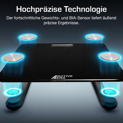 Active Era Body Fat Scale - Digital Bathroom Scale with App - Smart Bluetooth Scale for Body Analysis - Body Fat, BMI, Weight (max. 180 kg), Muscle Mass, Water, Protein, Bone Weight - Black