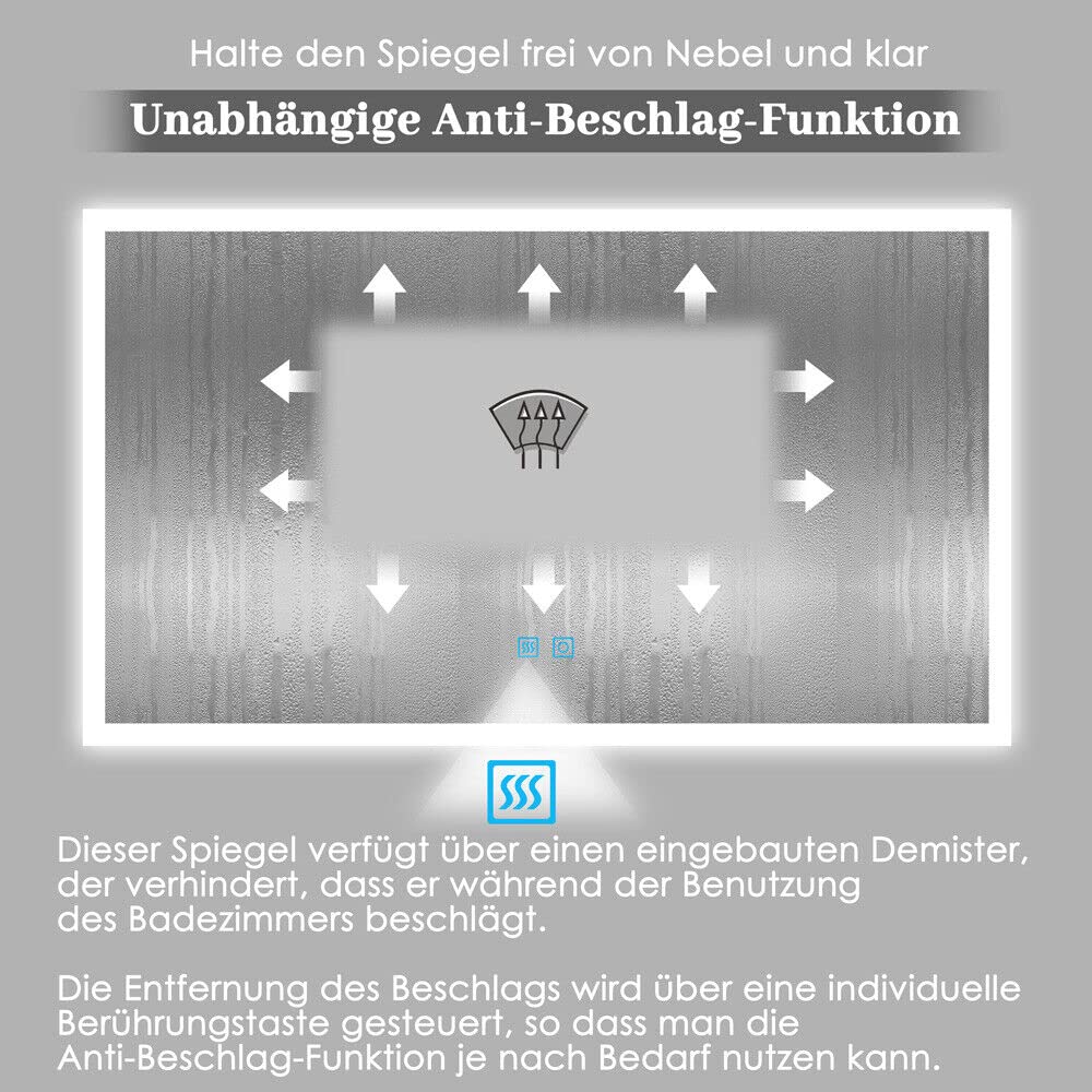 Finmyrs LED bathroom mirror with lighting 100x60 cm Touch switch, Anti-fog Dimmable illuminated Cool White Warm White Horizontal Vertical (39.37x23.62 Inch)