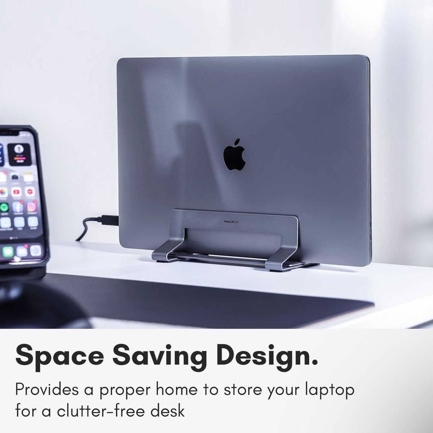 Macally Vertical Laptop Stand frees up desk space and adjusts to fit various laptops such as Apple MacBook, Asus Chromebook Flip, Samsung Notebook 9, Lenovo ThinkPad, Dell XPS, and Acer Switch.