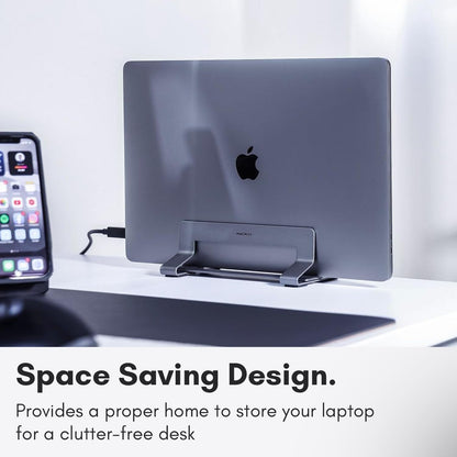 Macally Vertical Laptop Stand frees up desk space and adjusts to fit various laptops such as Apple MacBook, Asus Chromebook Flip, Samsung Notebook 9, Lenovo ThinkPad, Dell XPS, and Acer Switch.