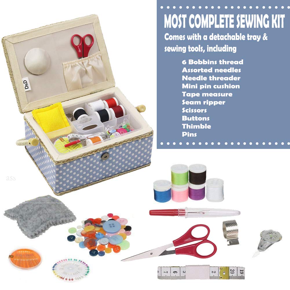 D & D sewing kit basket for home, storage and organization, portable, for needles, thread etc., sewing basket with accessories M blue