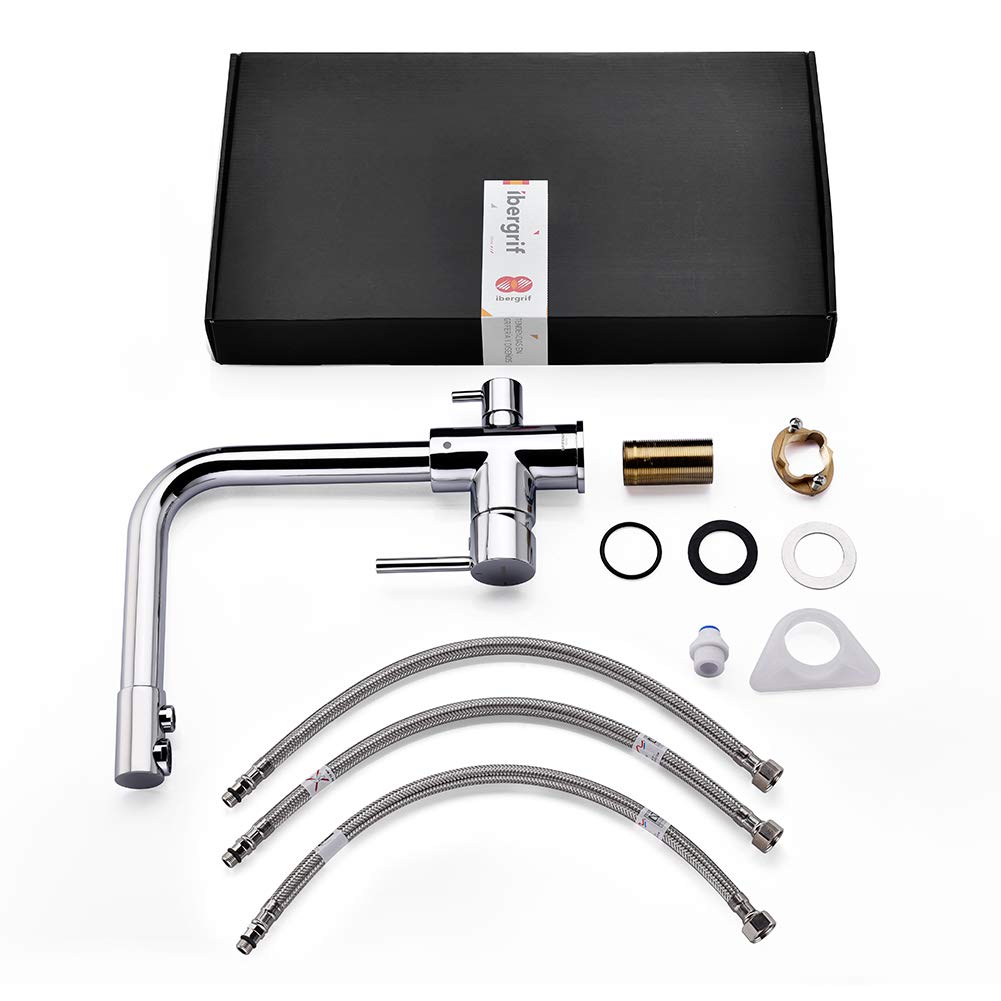 3-way kitchen faucet (drinking water tap with 360° swivel, dual lever, 3-in-1 function for water filter, hot and cold water outlet, high pressure, with 3 hoses 50 cm) stainless steel chrome