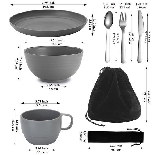Mountain country camping cutlery set of 2 pieces, reusable cutlery sets with knife, fork, spoon, cups and plates, and bowls, portable travel cutlery set, easy to clean, dishwasher safe.