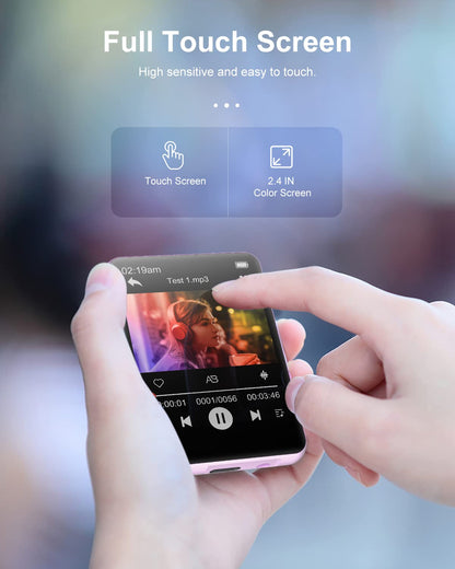 64GB MP3 player with Bluetooth 5.3, portable HiFi sound, 2.4-inch full touchscreen, built-in HD speaker, FM radio, voice recorder, E-book, includes headphones, up to 128GB TF card.