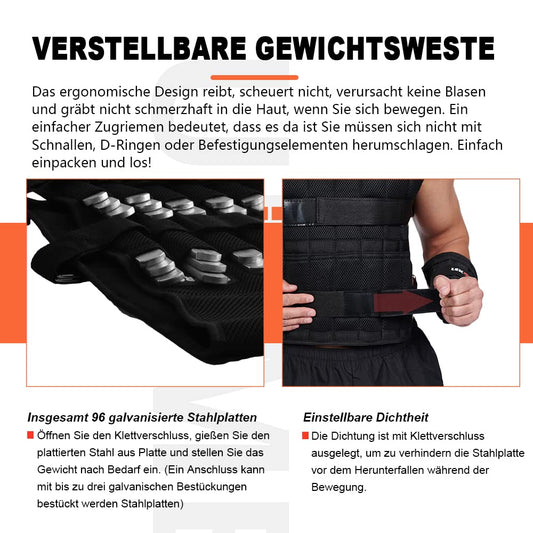 Adjustable 20 kg weight vest, workout weight vest, fitness weight jacket, for men and women (Includes 96 steel plate weights)