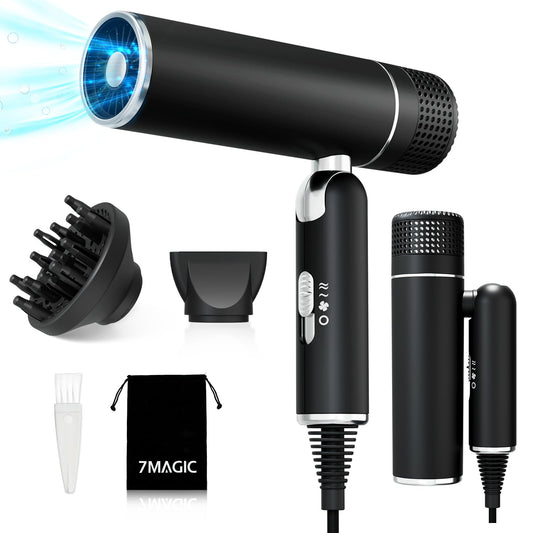 7MAGIC hair dryer with diffuser, foldable travel hair dryer, 30% faster drying, 300 million ions, 99% hair protection, overheating protection, 1600W, ultra-lightweight for all hair types, black.