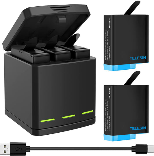 TELESIN charger with 2 batteries kit for GoPro Hero 8/7/6/5, Triple Battery Charger Set Charging Case + 2 batteries with USB Type-C Cable 3 in 1 accessory kit for GoPro Hero 8 Hero 7 Hero 6 Hero 5 Black