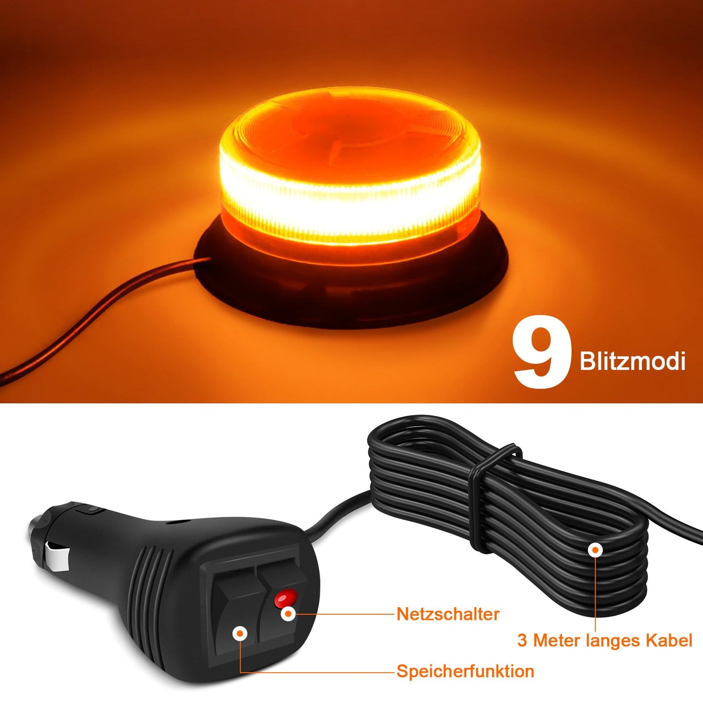 Dinfu LED Round Beacon Yellow Warning Light Orange 12V LED Strobe Light with magnetic base and 9 modes for car tractor UTV trailer SUV J-eep vehicle truck.