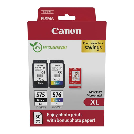 Canon ink cartridges & paper multipack - PG-575XL/CL-576XL original printer cartridges 2 pack (1 x black, 1 x color) & 4x6 photo paper (50 sheets)