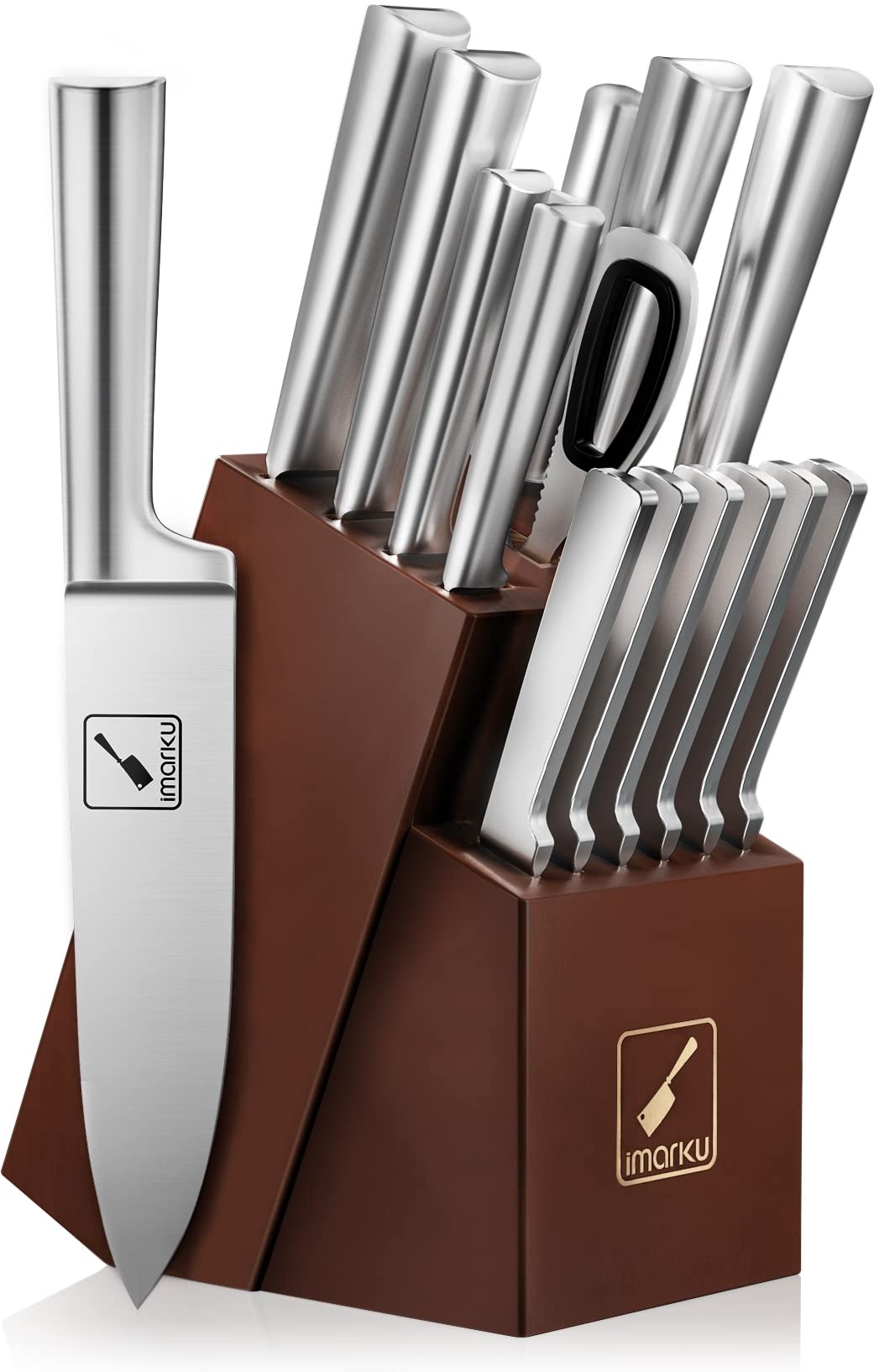 Imarku Knife block with 15-piece Japanese stainless steel knife set, professional kitchen knives with sharpener, one-piece knife for easy cleaning, sharp blades.