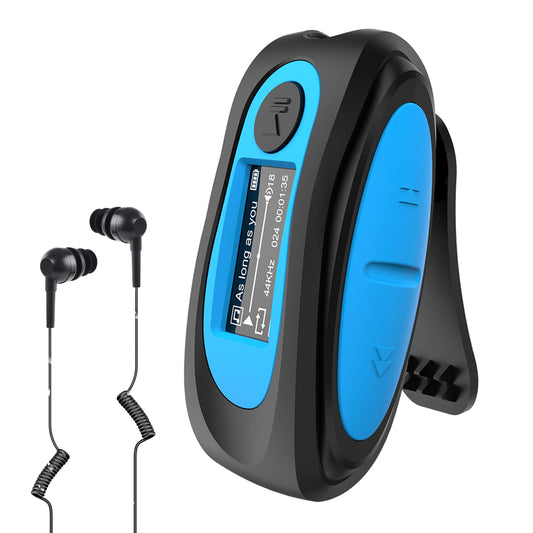 AGPTEK IPX8 Waterproof MP3 Player, 8GB HiFi MP3 Music Player for Swimming and Running, with waterproof headphones, audio cable, and 3 pairs of ear tips (L/M/S), supports FM, shuffle function, Blue.