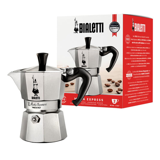 Bialetti Moka Express Aluminum Stovetop Coffee Maker (2 cups), 90 milliliters, Silver/Black, 8 x 11 x 11 cm