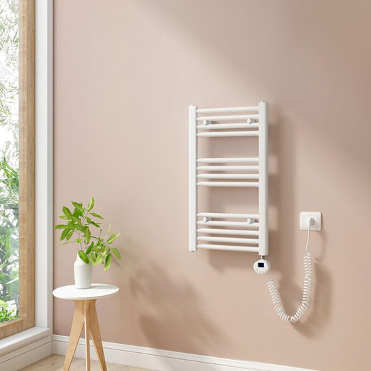 Heilmetz electric heated towel rail 70x40cm with digital thermostat and timer function. Straight towel radiator in white, 238W.